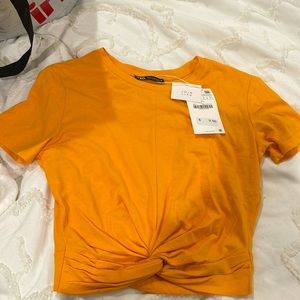 NWT Zara YELLOW GOLD Twist Front Crop Tee Shirt Top SIZE XS / SMALL